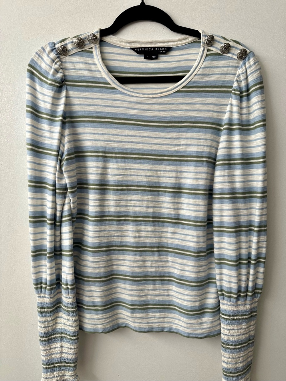 Veronica Beard Blue, Olive & Cream Striped Button-Shoulder Top